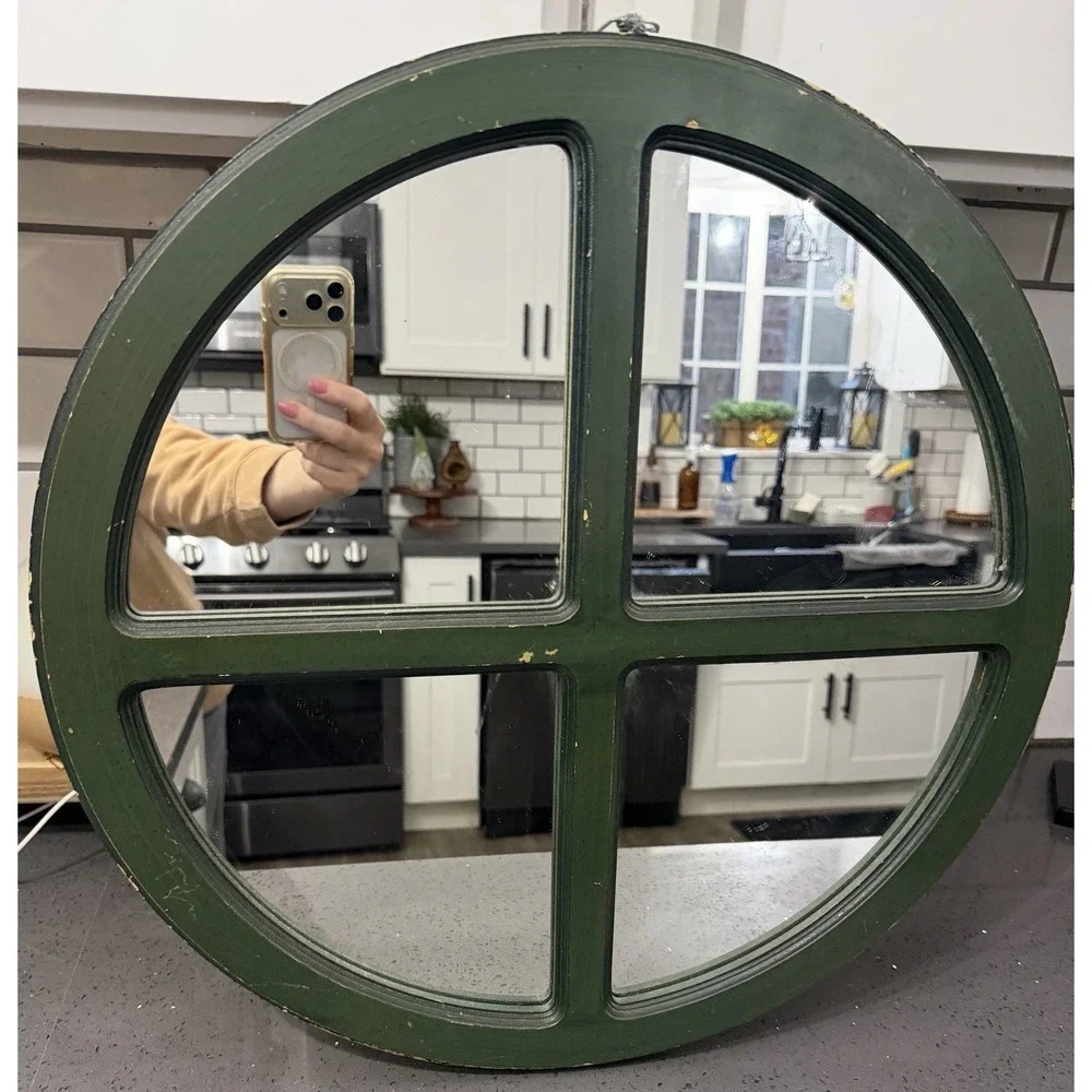 Vtg Round Wood Frame Window Mirror Wall Green Rustic Cottage Core Coastal